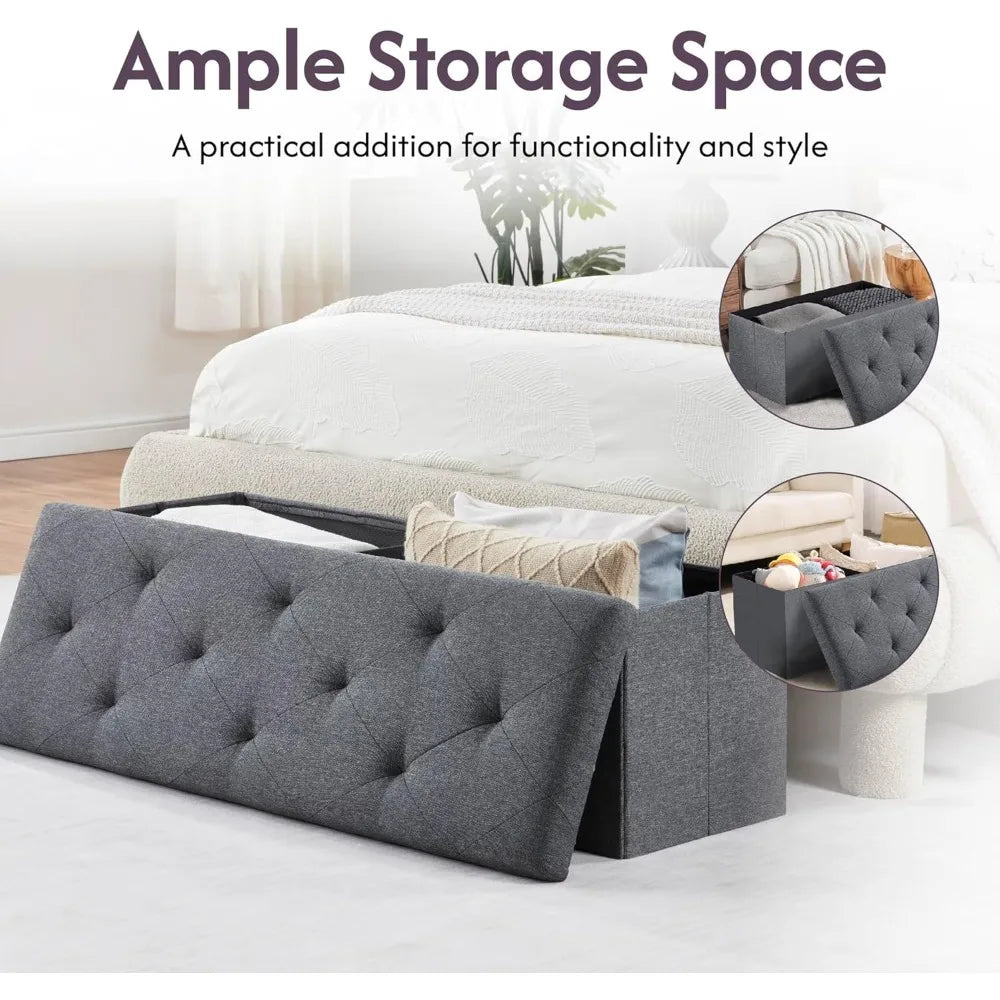 folding storage ottoman bench, 43" footrest, bed end chest, holds 250lbs, living room furniture