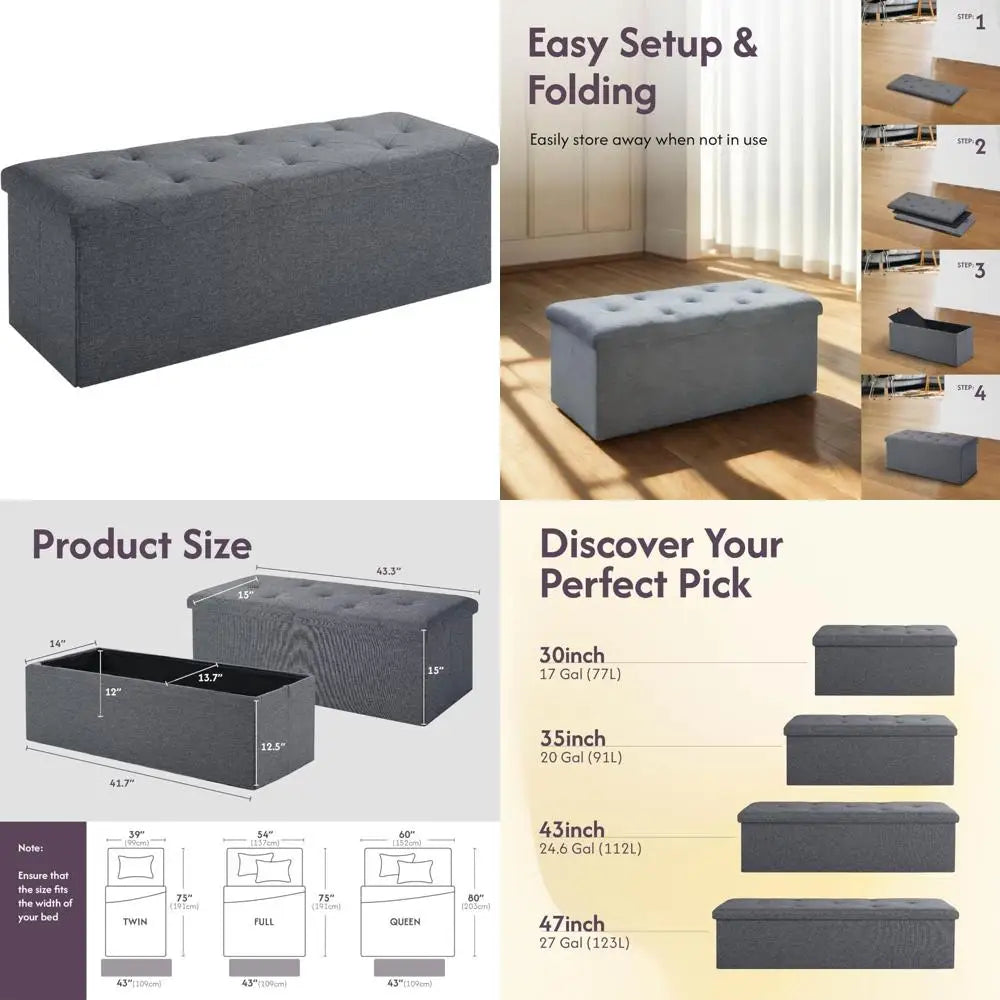 folding storage ottoman bench, 43" footrest, bed end chest, holds 250lbs, living room furniture