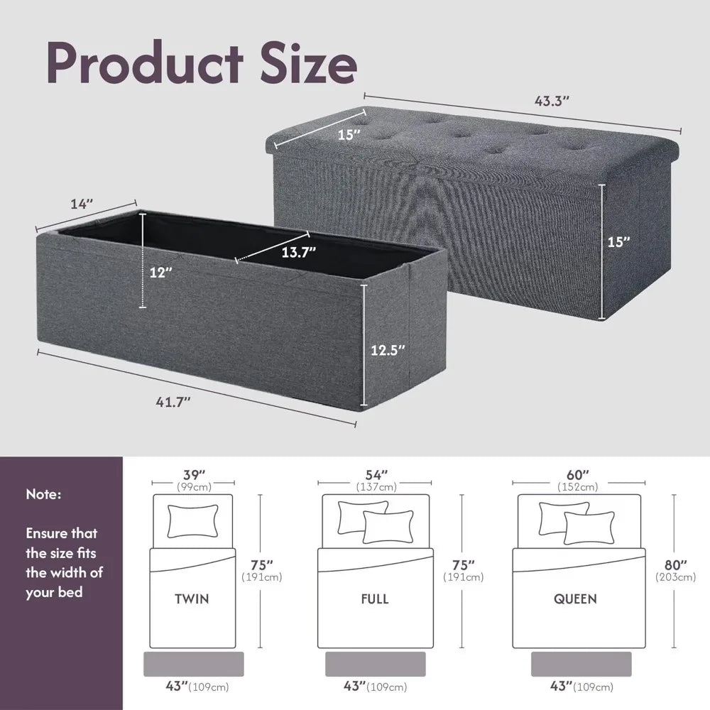 folding storage ottoman bench, 43" footrest, bed end chest, holds 250lbs, living room furniture